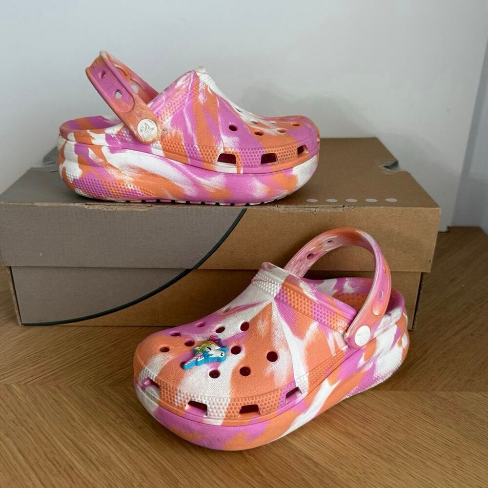 Crocs Cutie Crush Pink/Orange Tie Dye Girls Platform Sandals - SZ 13 C